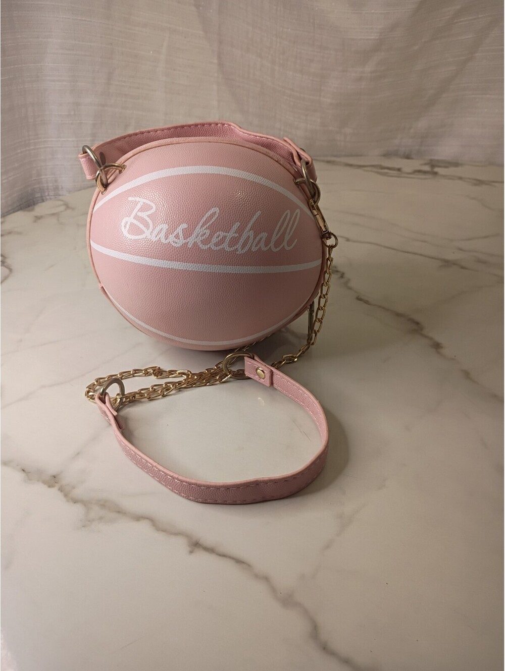 Pink Faux Leather Basketball Crossbody With Double Handle And Chain Shoulder...